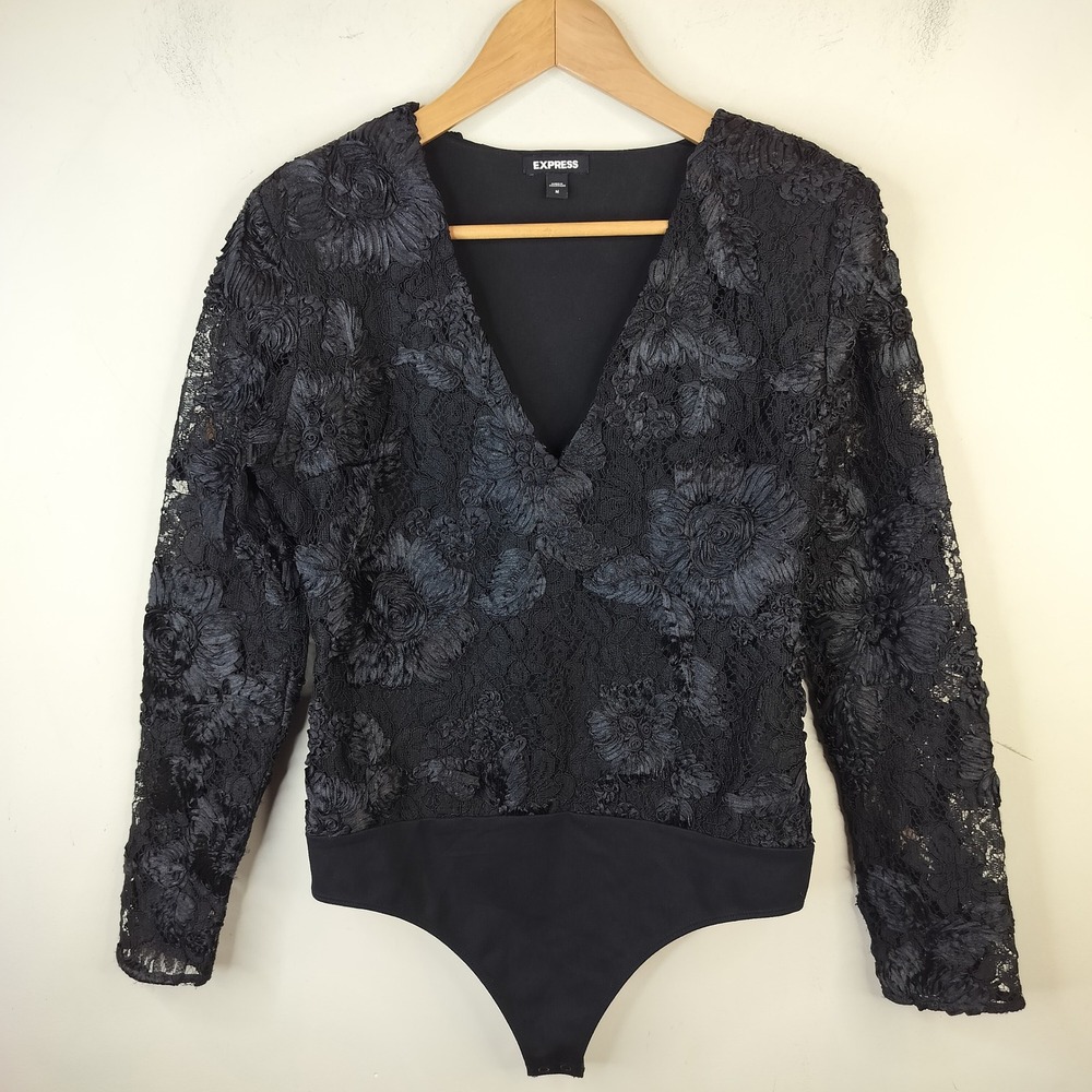Express Bodysuit 3-D Floral Lace Long Sleeve Plunge V-Neck Gothic